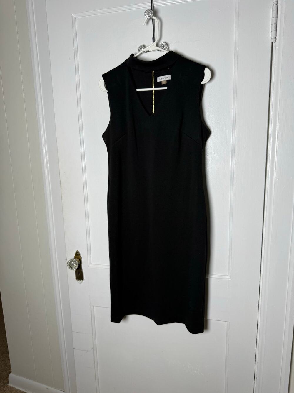 Calvin Klein Black Sheath Dress 12 Gold Zip Sleeveless Minimalist Cocktail Work